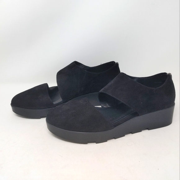 Eileen Fisher Turban Asymmetrical Wedge Black Suede Size 8 - Picture 2 of 11